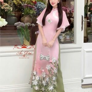 Special Designed 3D Floral Vietnamese dress Ao Dai (nude pink)